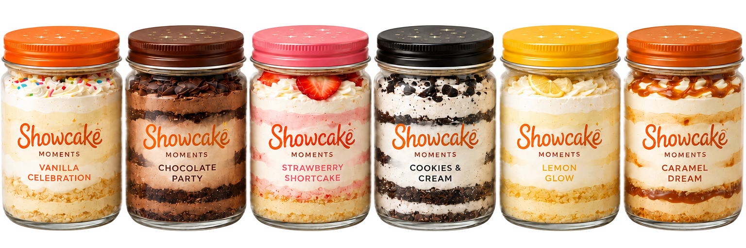 Six Showcake jars: vanilla, chocolate, strawberry, cookies & cream, lemon and caramel